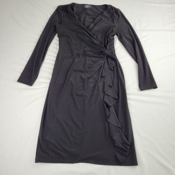 10 AMERICAN LIVING BLACK FAUX WRAP STRETCH MIDI SEXY PLUNGE DRESS Large - Picture 10 of 12